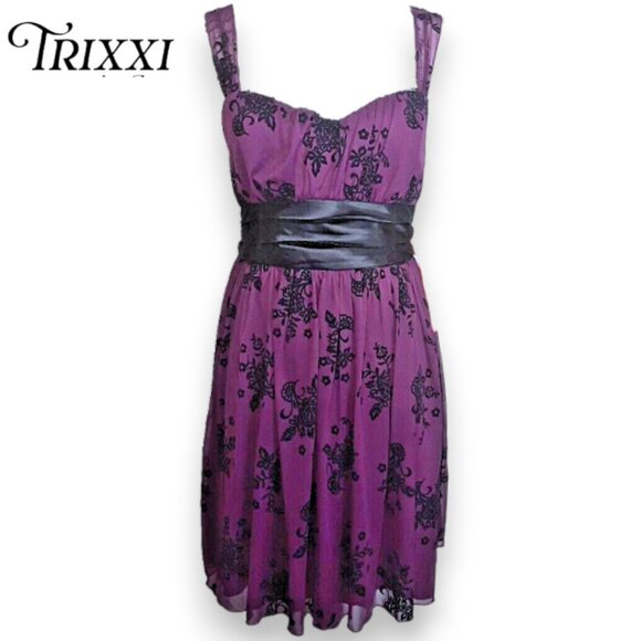 Trixxi Dress Purple Black Velvet Burnout Empire Waist Babydoll Y2K Prom HoCo 1X - Picture 1 of 13